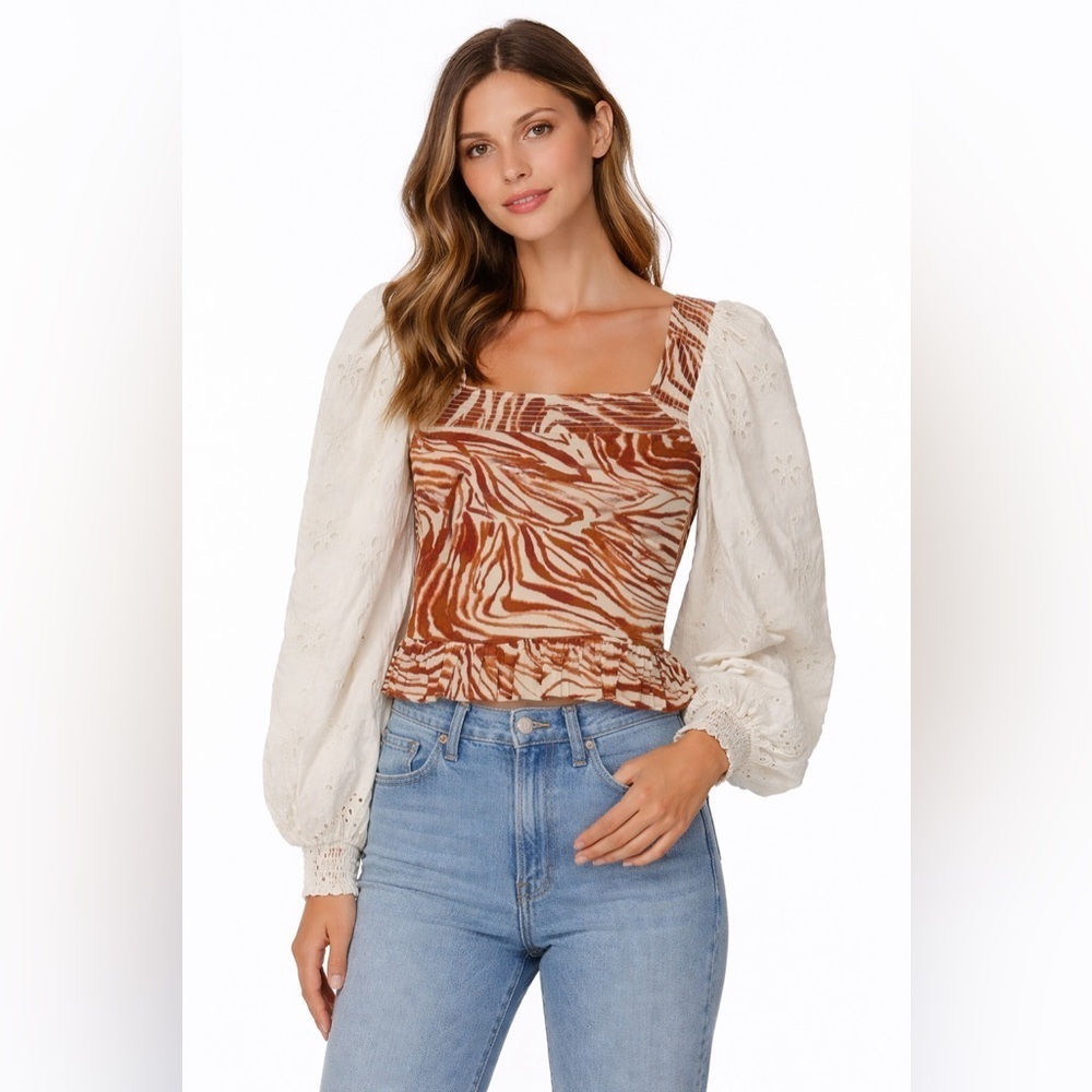 Love The Label for Anthropologie Puff Sleeve Embroidered Blouse Zebra Print
